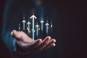 ascending arrows from man's hand
